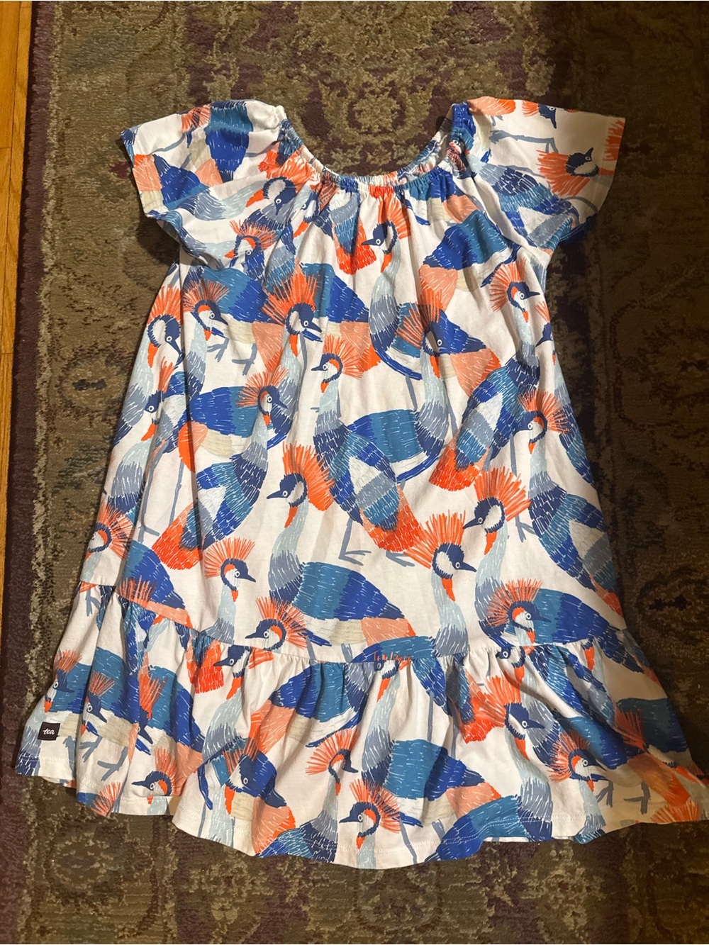 Tea Collection White Dress with Blue & Orange Bird Print